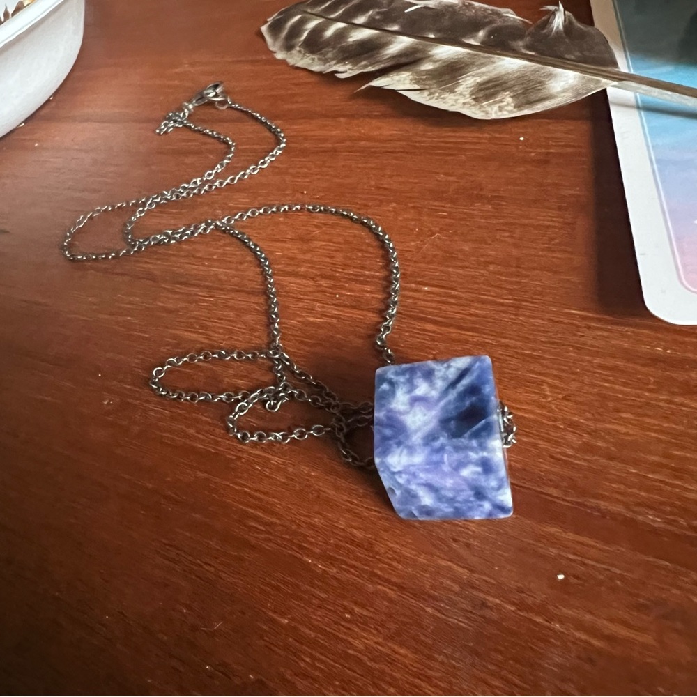Genuine Sodalite Crystal Cube Pendant Necklace 26” Chain